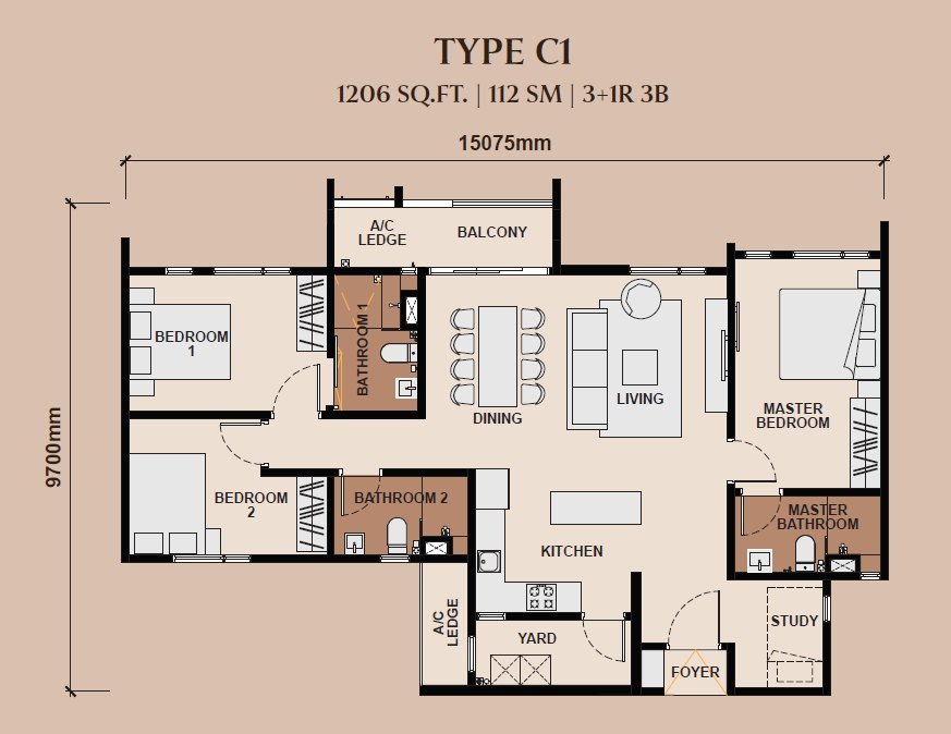 The Queenswoodz 1,206 sq ft floor plan
