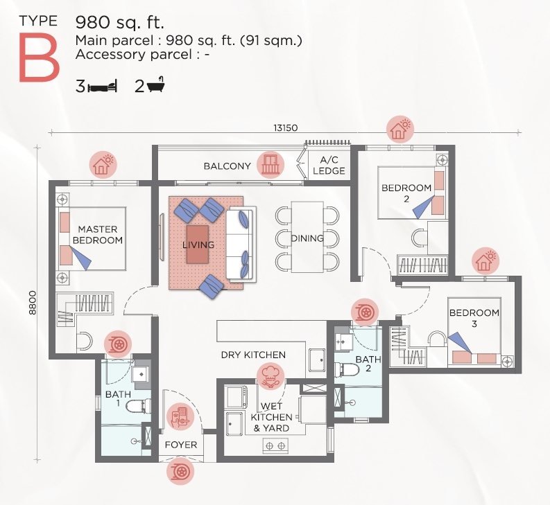 Sunway Flora 2 980 sq ft floor plan